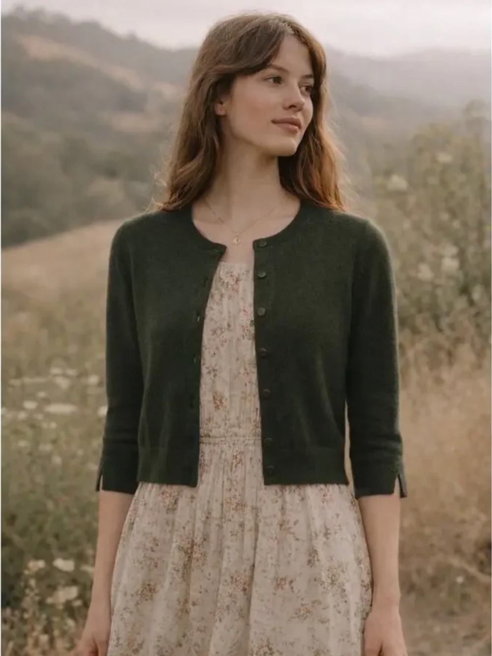 Doen Tess 3/4 Sleeve Wool and Cashmere Cardigan Sweater in Ivy